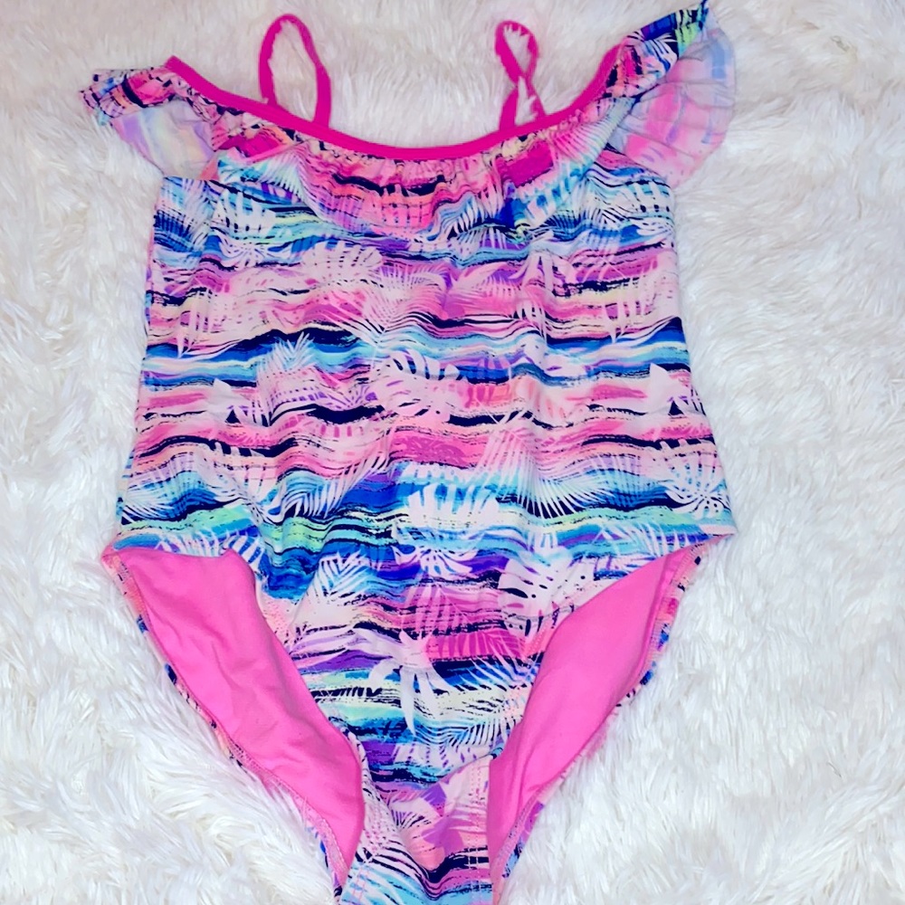 Wonder Nation Pink Blue Palm Tree Tropical One Piece Swim Bathing Suit Size XL